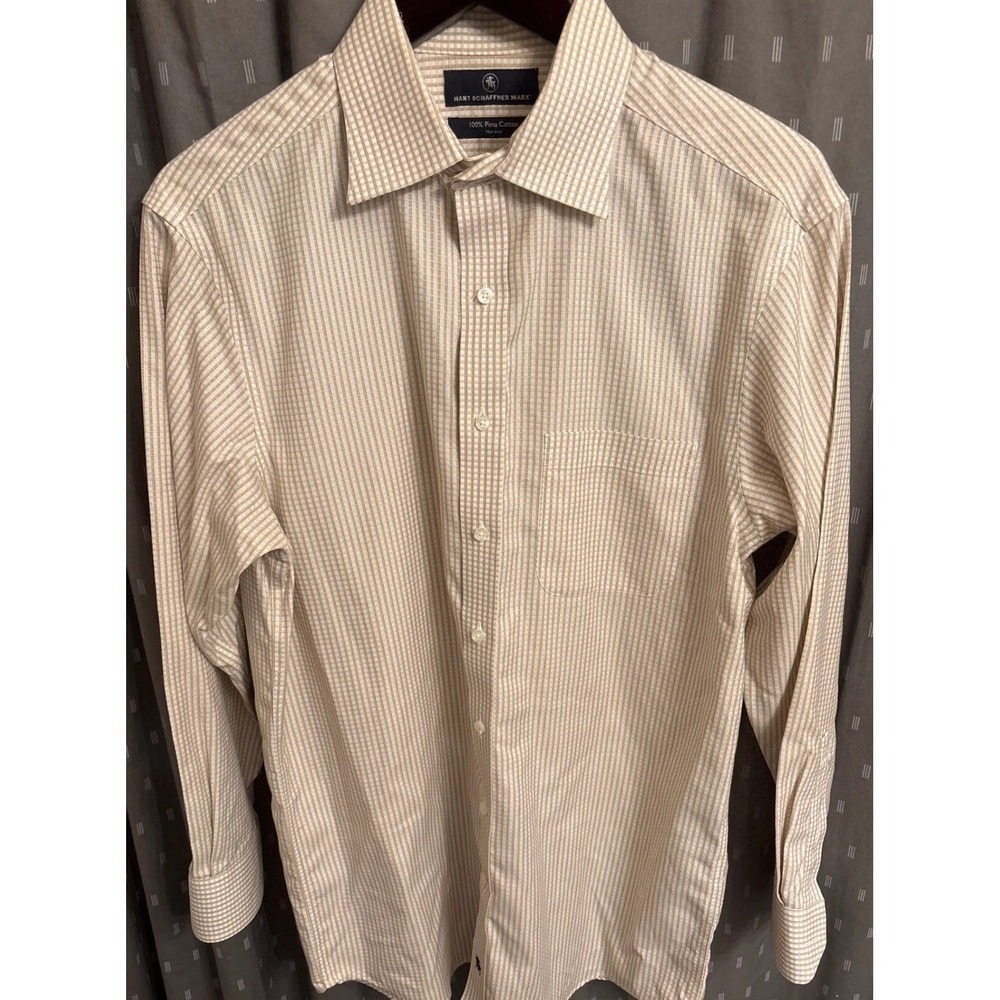 Hart Schaffner Marx Mens 15.5 33 Pima Cotton Non-Iron Tan Check Dress Shirt
